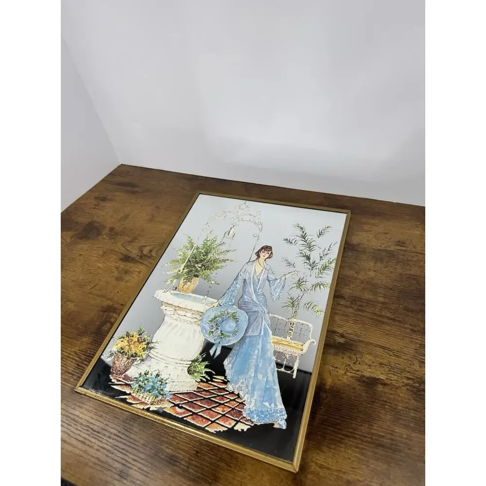 Vintage Reverse Painted Mirrored Glass 1970s Art Deco Boho Woman In Blue Plants